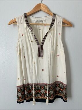 Daniel Rainn Boho Border Print Tassel Tie Sleeveless Blouse Small